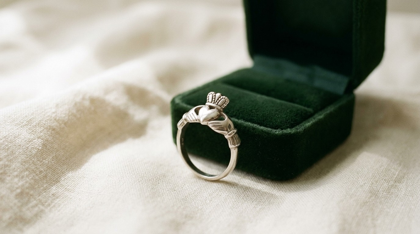 A silver Claddagh ring showing the two hands clasping a crowned heart, standing beside an open ring box