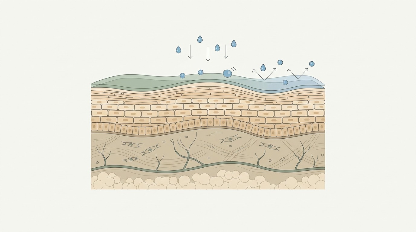 Illustrative diagram of a skin cross-section with a protective film layer slowing water loss from the surface