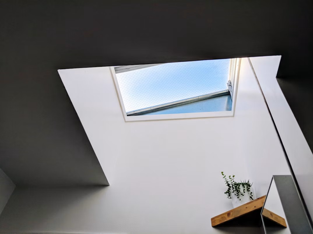 A modern white interior featuring a bright skylight in the ceiling and a small potted plant on a wooden shelf.