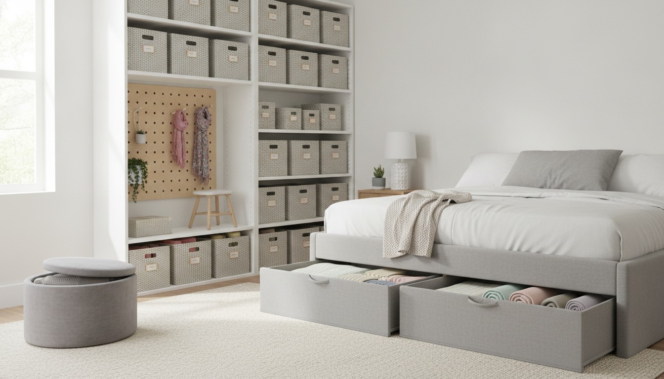 Compact bedroom with under-bed storage drawers and tall wall shelves holding neatly labeled bins