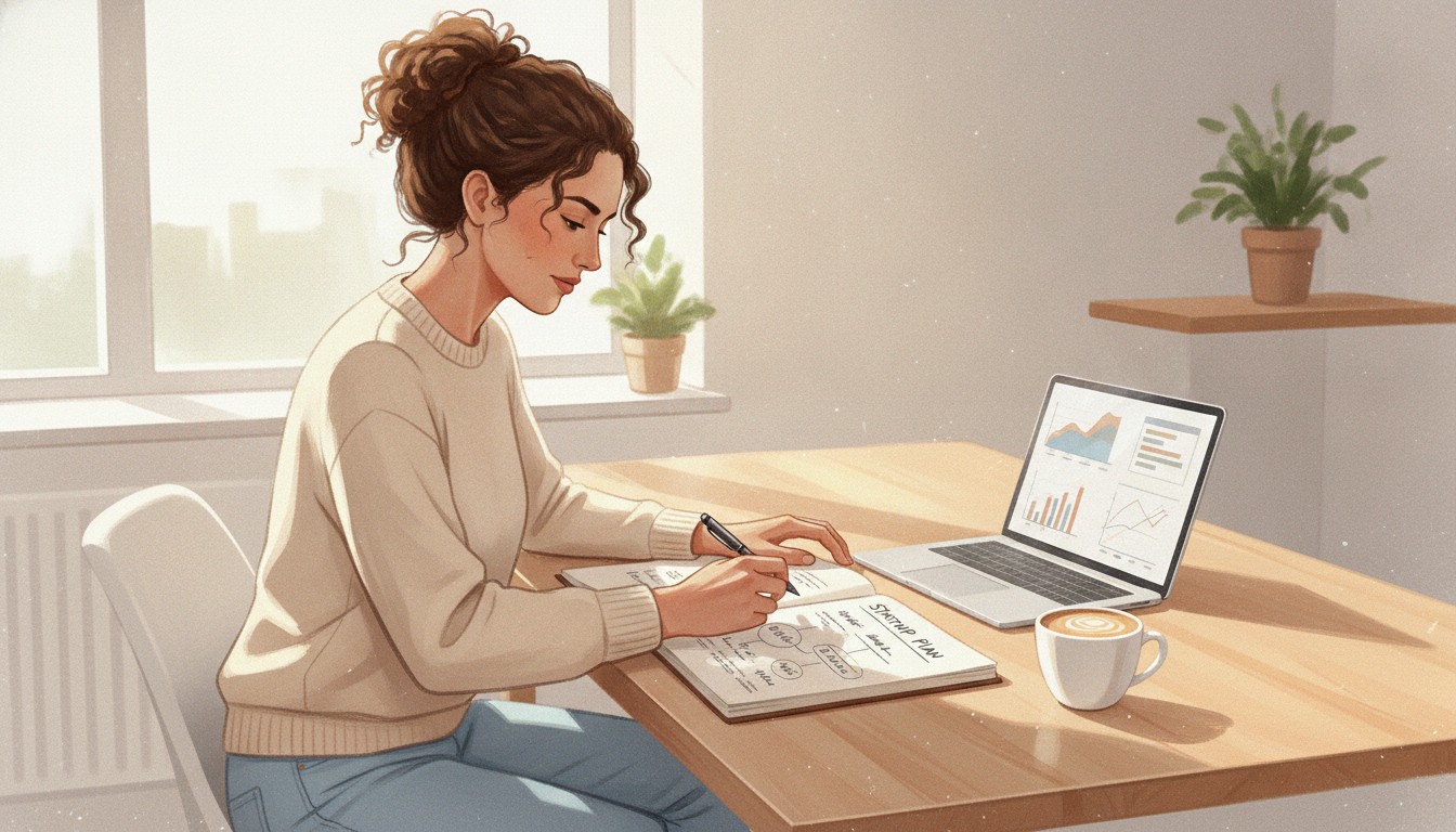 Small business owner reviewing startup plan with laptop and notebook in bright office