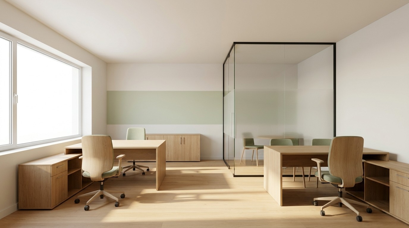 Small bright office with a repeated pale sage and light oak palette, a glass partition and daylight from a large window