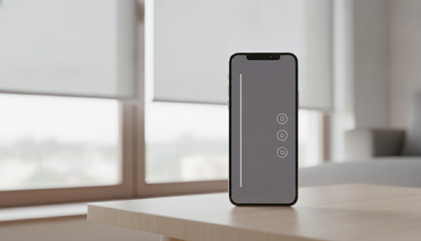 Smartphone showing a smart blinds control app beside motorized window coverings