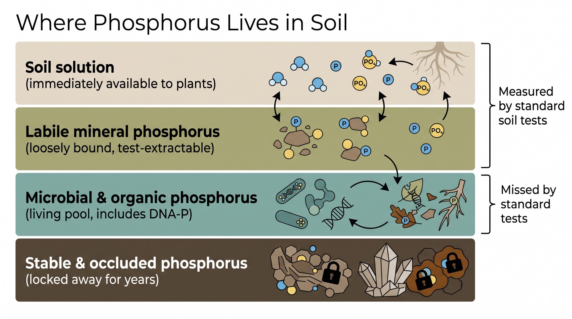 Infographic showing four pools of phosphorus in soil and which ones standard soil tests measure
