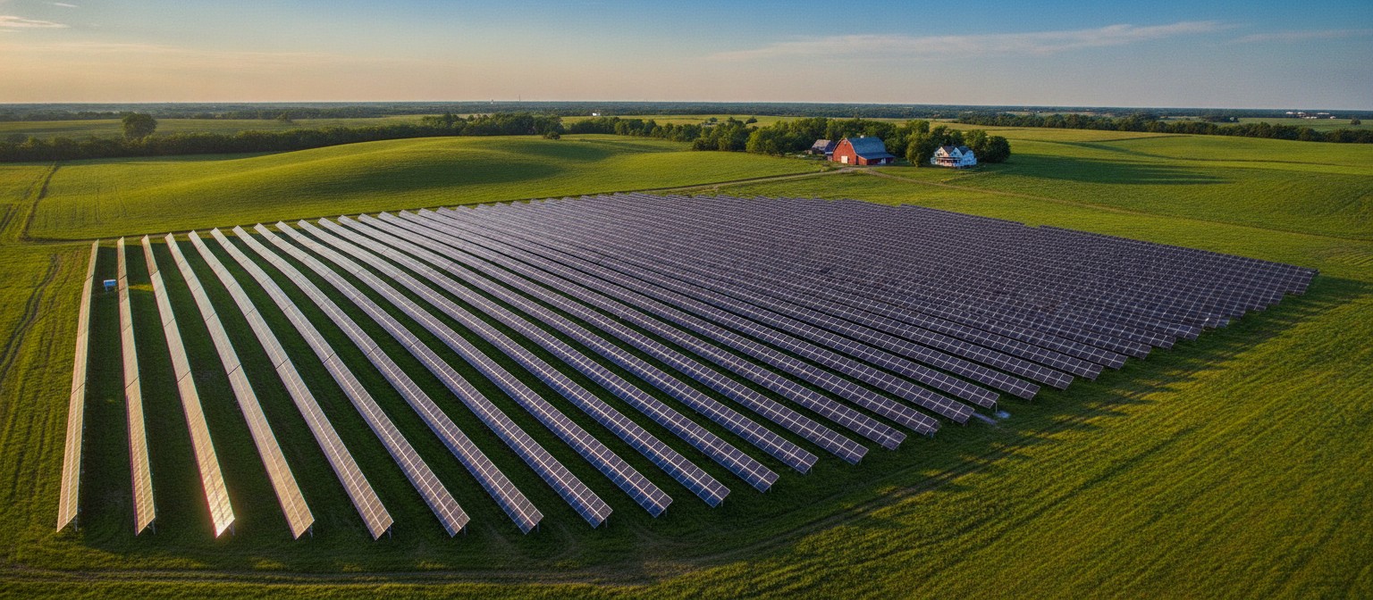 Aerial view of a utility-scale solar farm covering part of green farmland with a barn in the distance