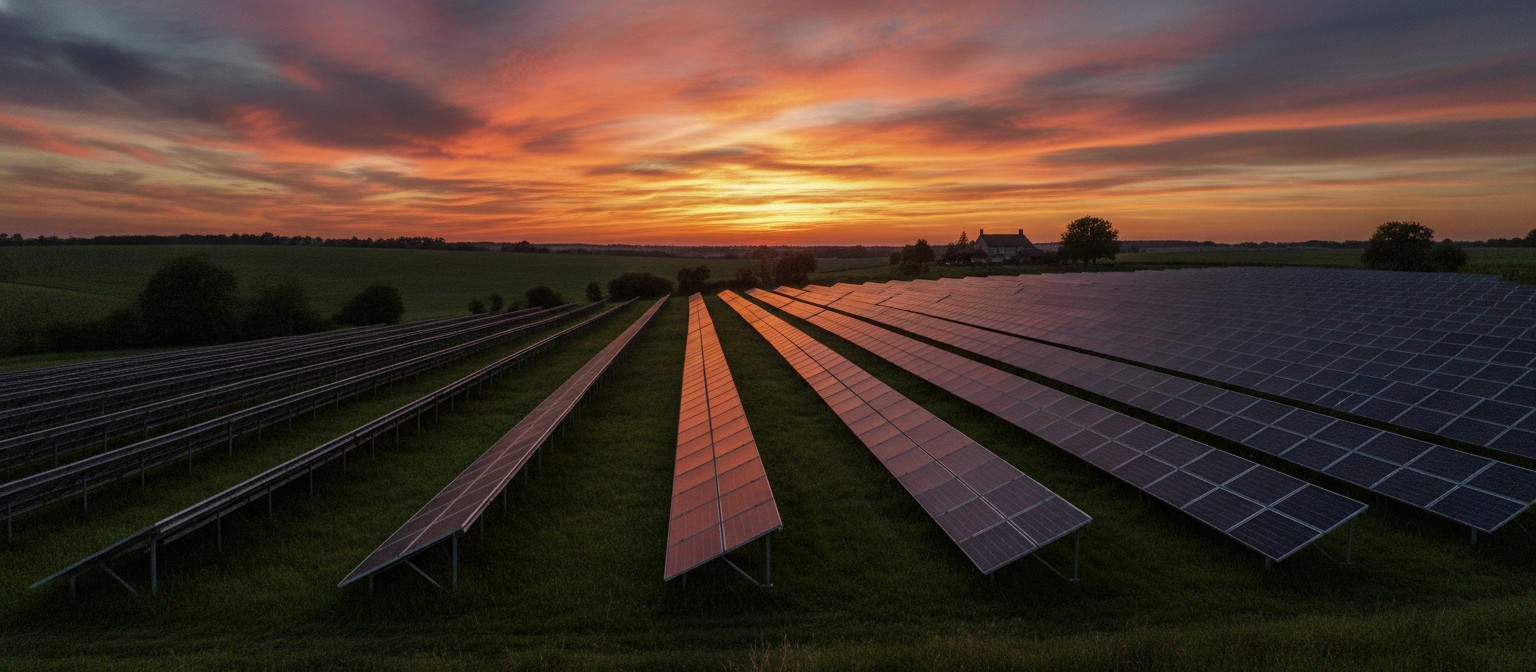 Rows of solar panels on green farmland at sunset