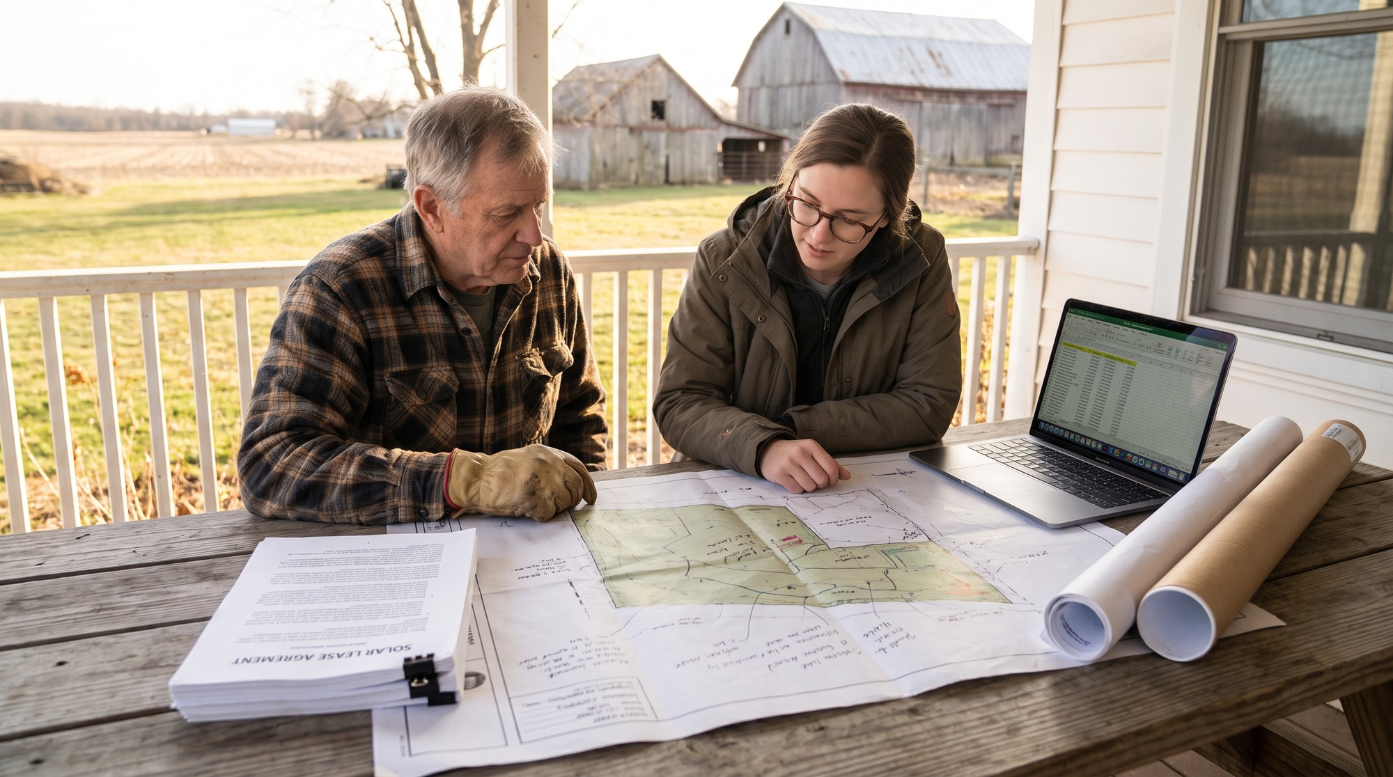 A landowner and a solar developer reviewing a lease contract and site map at a farmhouse table
