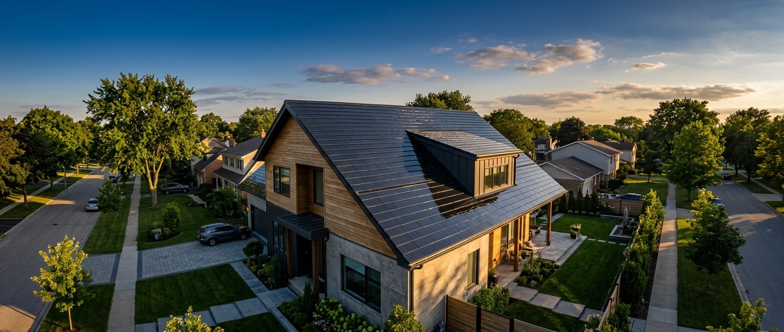 Why Solar Roof Tiles Are Still Rare After Tesla Quit, and When They’re Worth It Aerial view of a modern home whose dark glass solar roof tiles replace the entire roof surface