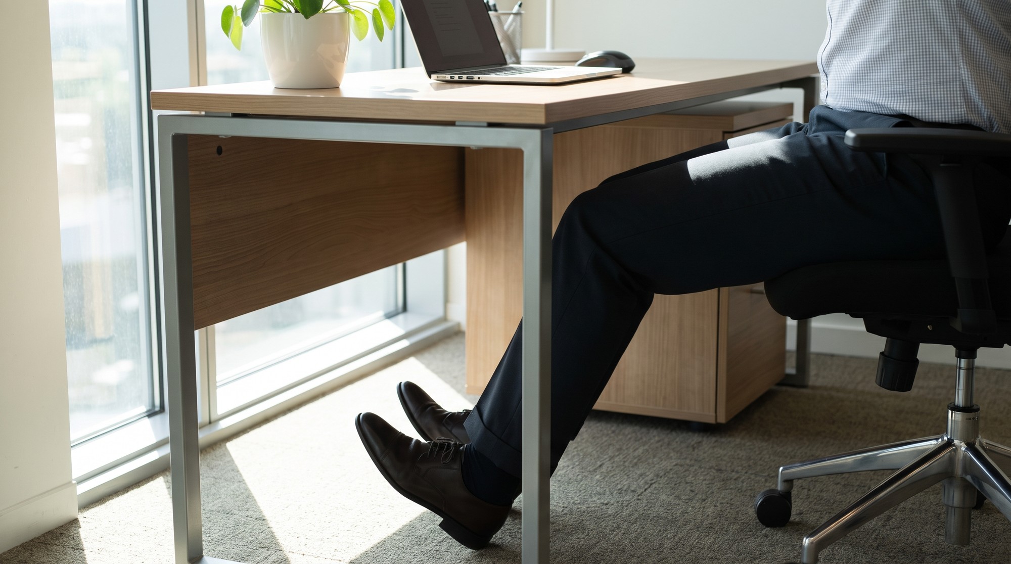 Person seated at a desk performing the soleus push-up by repeatedly lifting and lowering their heels