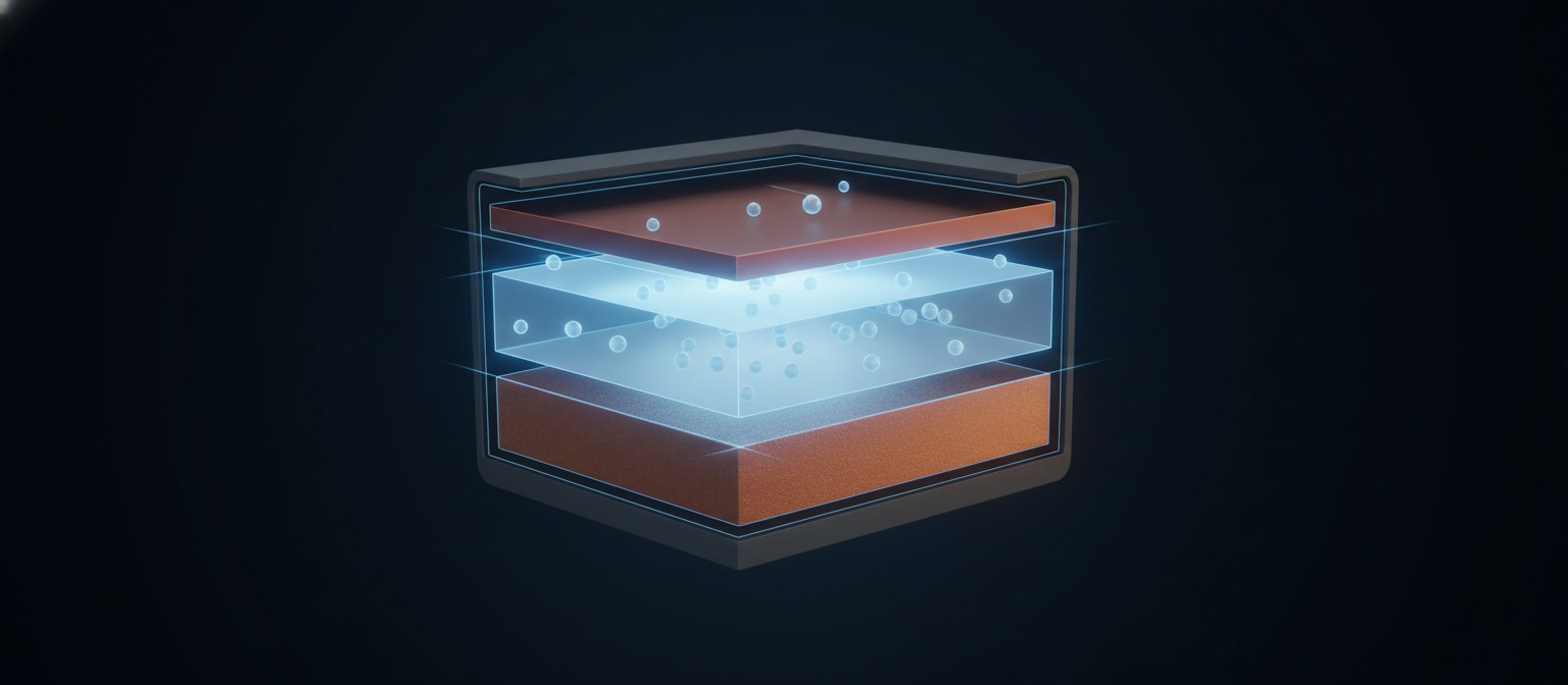 Conceptual cutaway of a solid-state battery cell showing lithium ions moving through a solid electrolyte layer