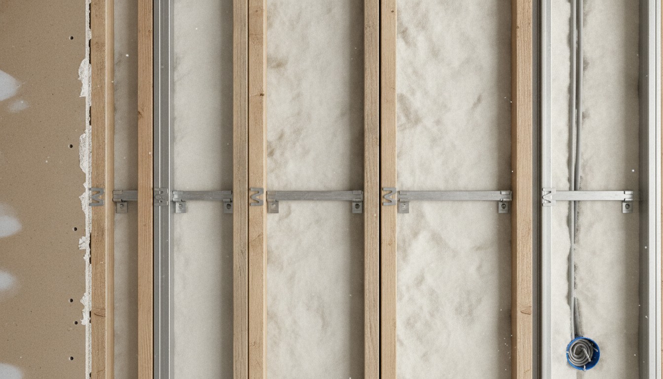 Close-up of sound isolation clip and furring channel decoupling drywall from wall framing