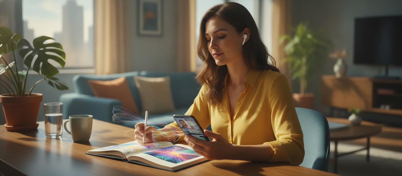 Person using voice translation earbuds and smart notebook powered by the SparkAudio speech model