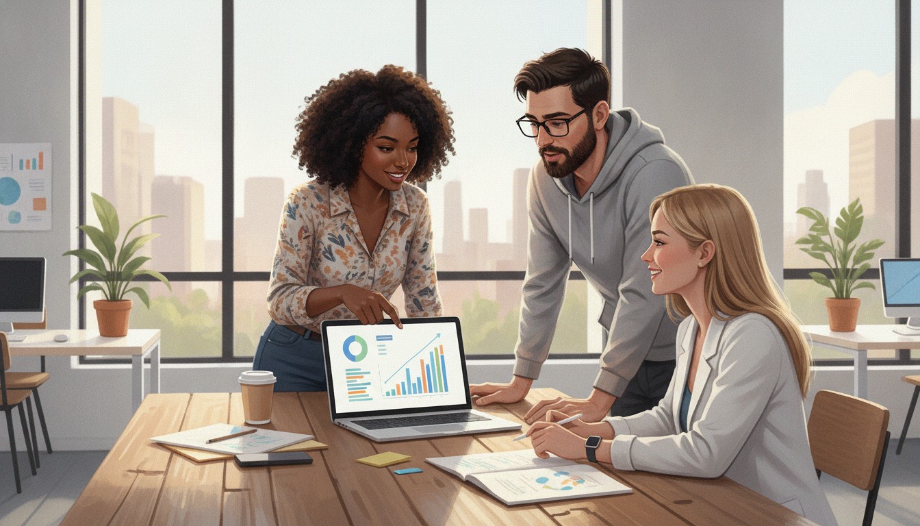 Diverse startup team discussing business metrics around table with charts