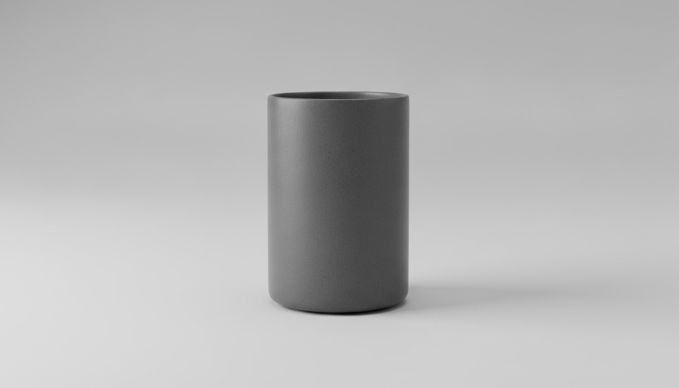 A matte stoneware vessel photographed at a three-quarter angle against a plain grey backdrop