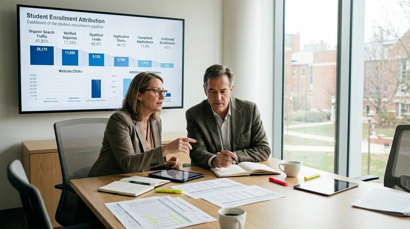 Two staff members reviewing a student enrollment attribution dashboard on a meeting room wall display