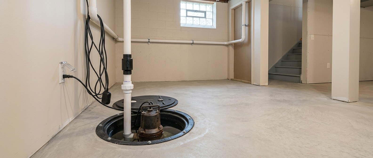 Submersible sump pump inside a plastic basin in a clean residential basement with a PVC discharge pipe