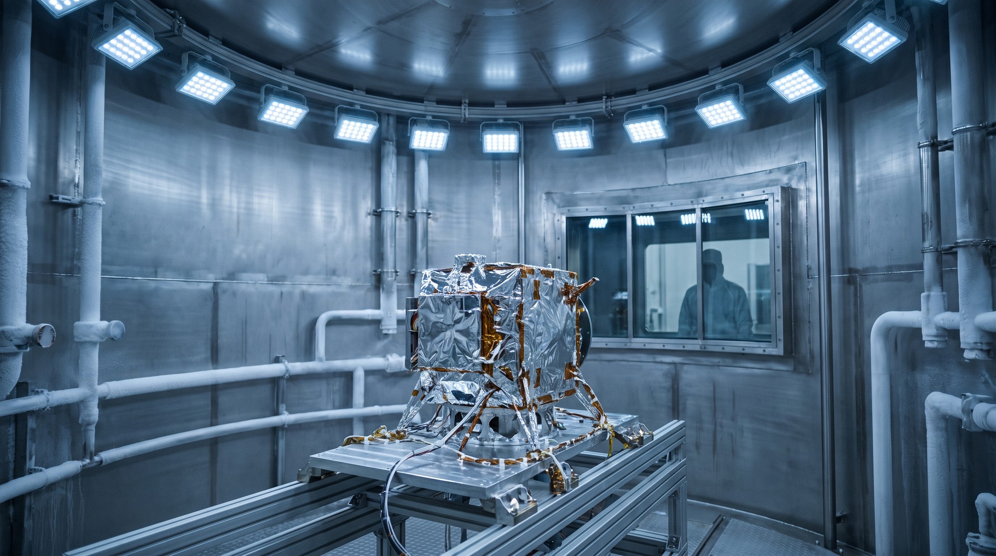 Concept image of a small satellite prototype inside a thermal vacuum test chamber