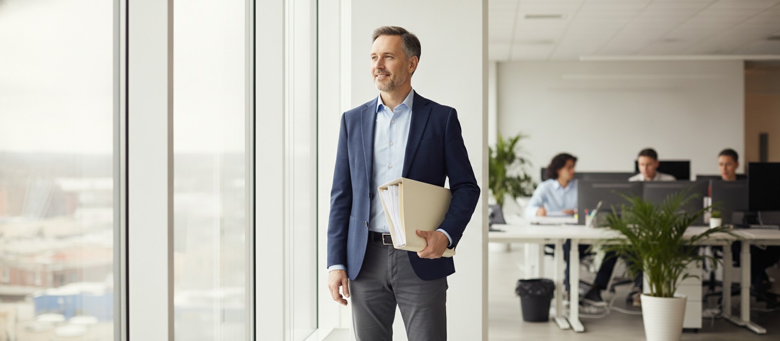 Person finding hope and control, standing by bright window holding folder of documents