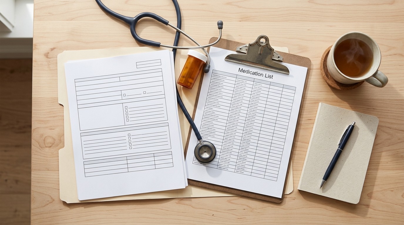An organised folder of medical records, a medication list and a stethoscope on a desk