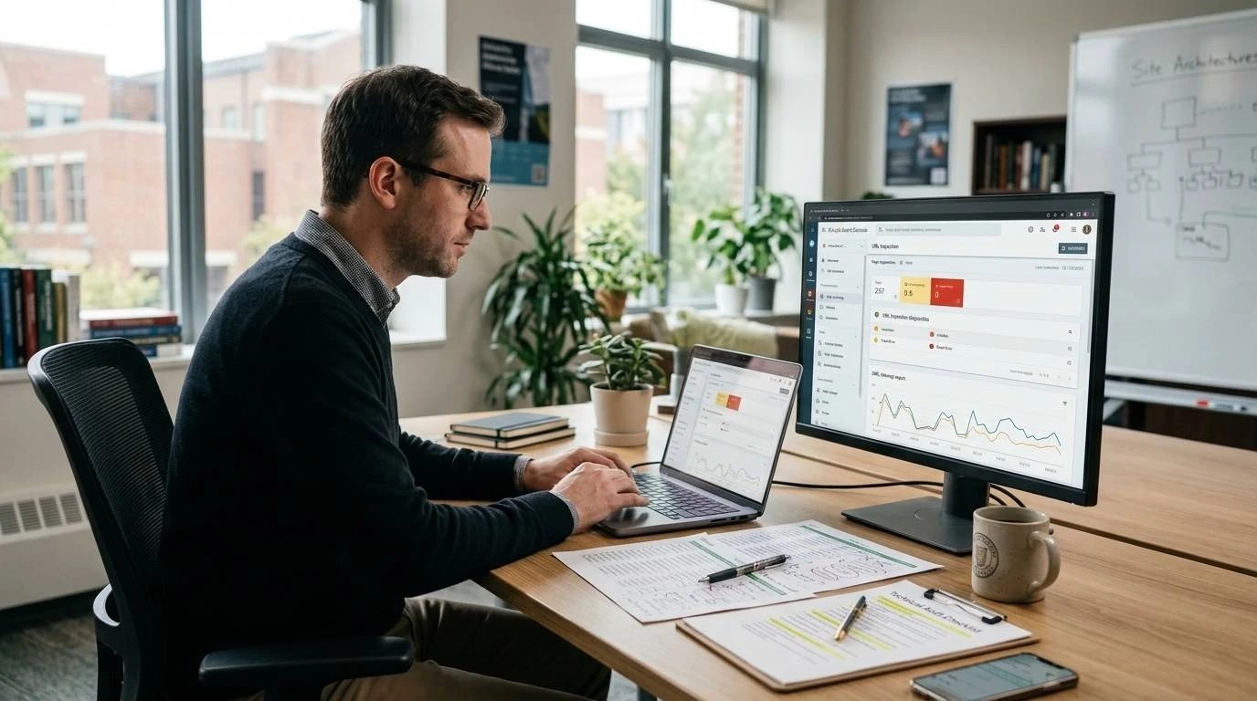 A man working through a technical SEO audit checklist beside a screen showing URL inspection and indexing data