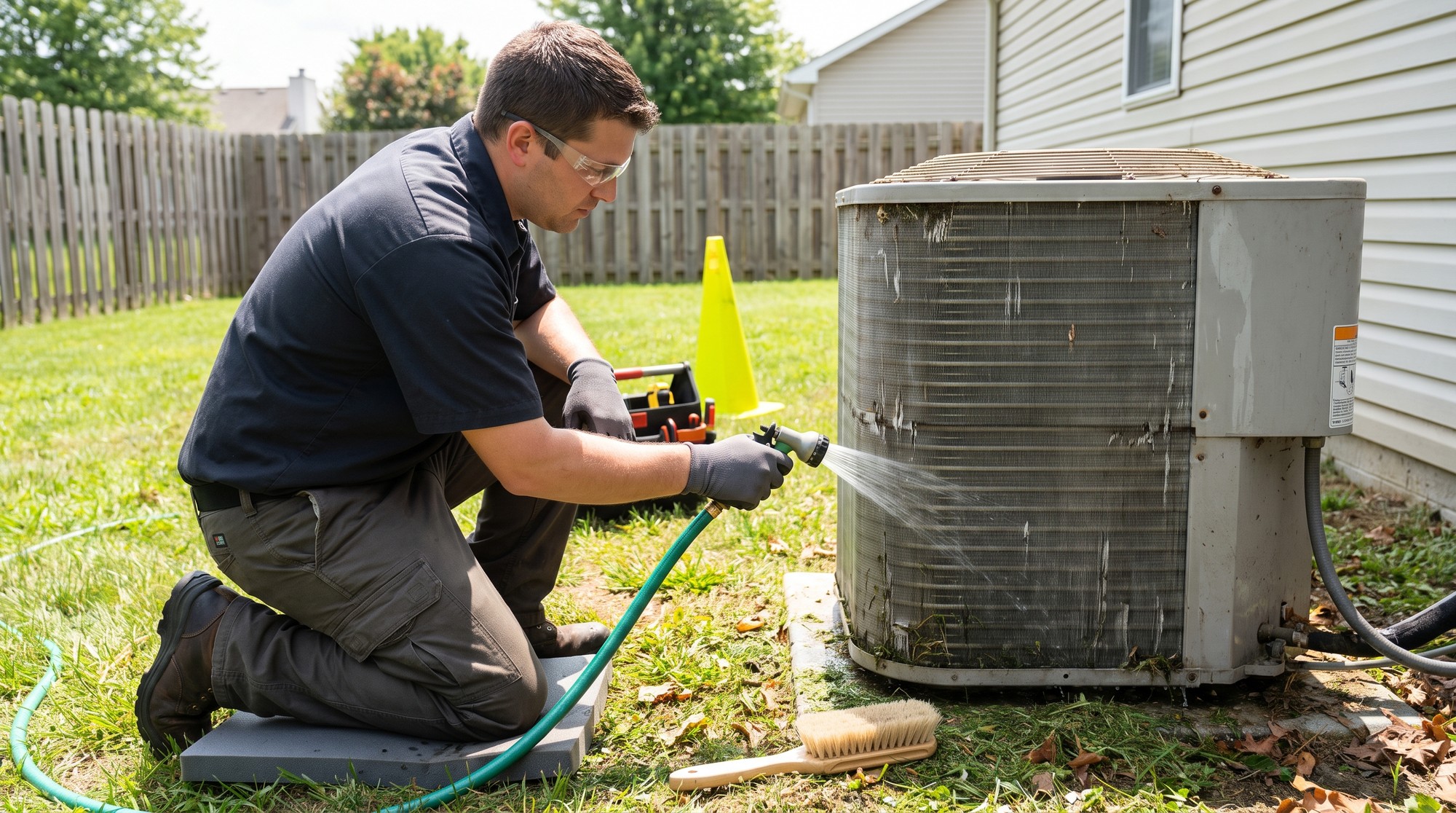 HVAC technician cleaning the coil fins of an outdoor air conditioning unit