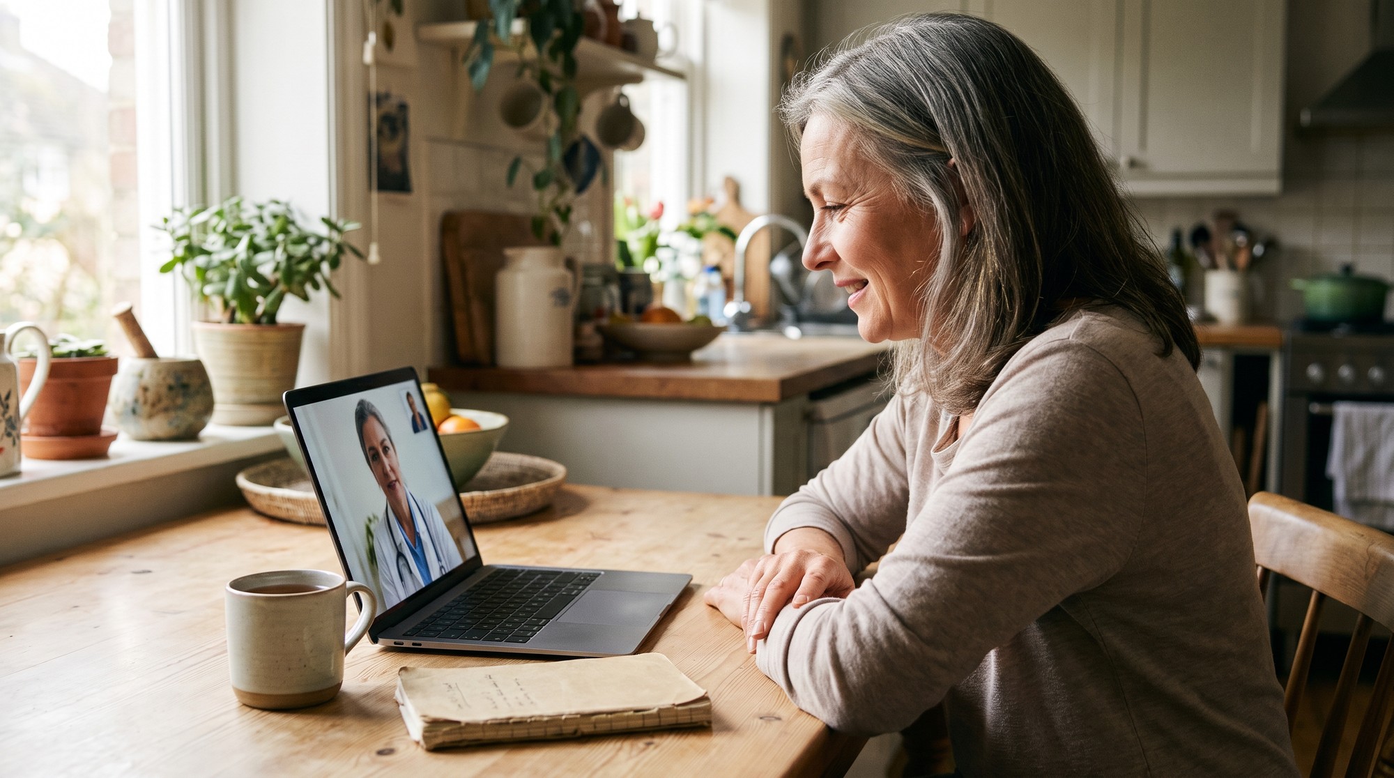 Woman in her fifties attending a telehealth menopause consultation on a laptop at her kitchen table