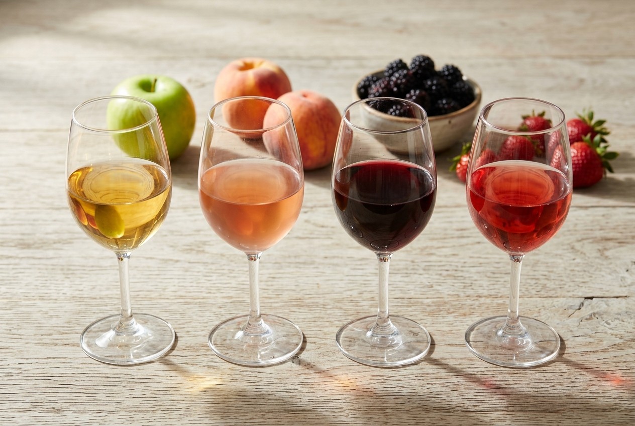 An illustrative still life of four glasses of Tennessee fruit wine — apple, peach, blackberry and strawberry — lined up on a rustic oak table with the fresh fruit beside them.