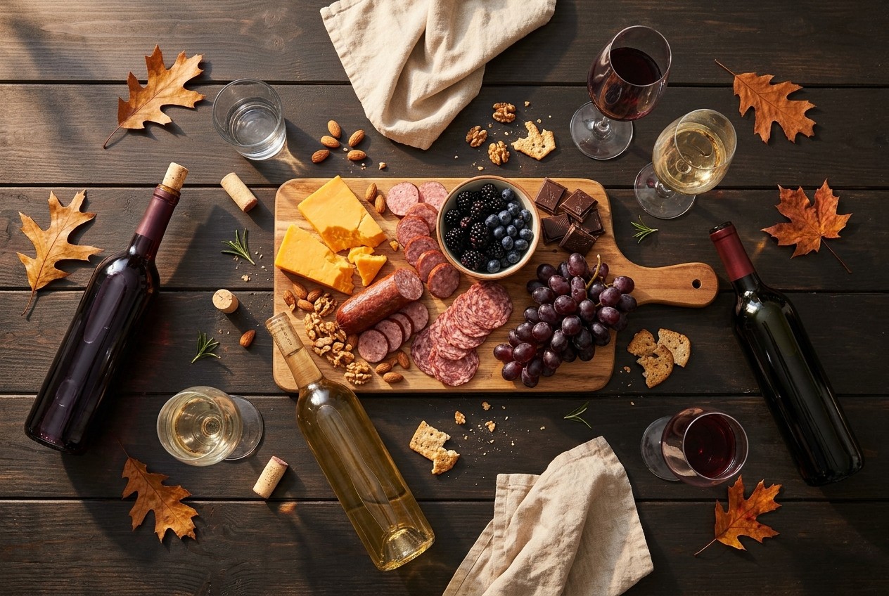 An illustrative overhead spread of a Tennessee wine gathering: a fruit wine, a semi-sweet white and a red blend with cheddar, smoked meat, berries and chocolate on a wooden table.