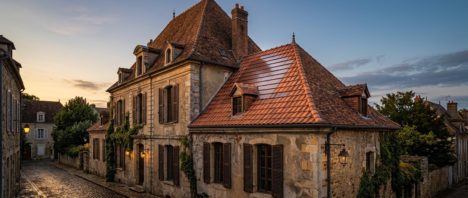 Historic European building with terracotta solar roof tiles color-matched to the original clay tiles