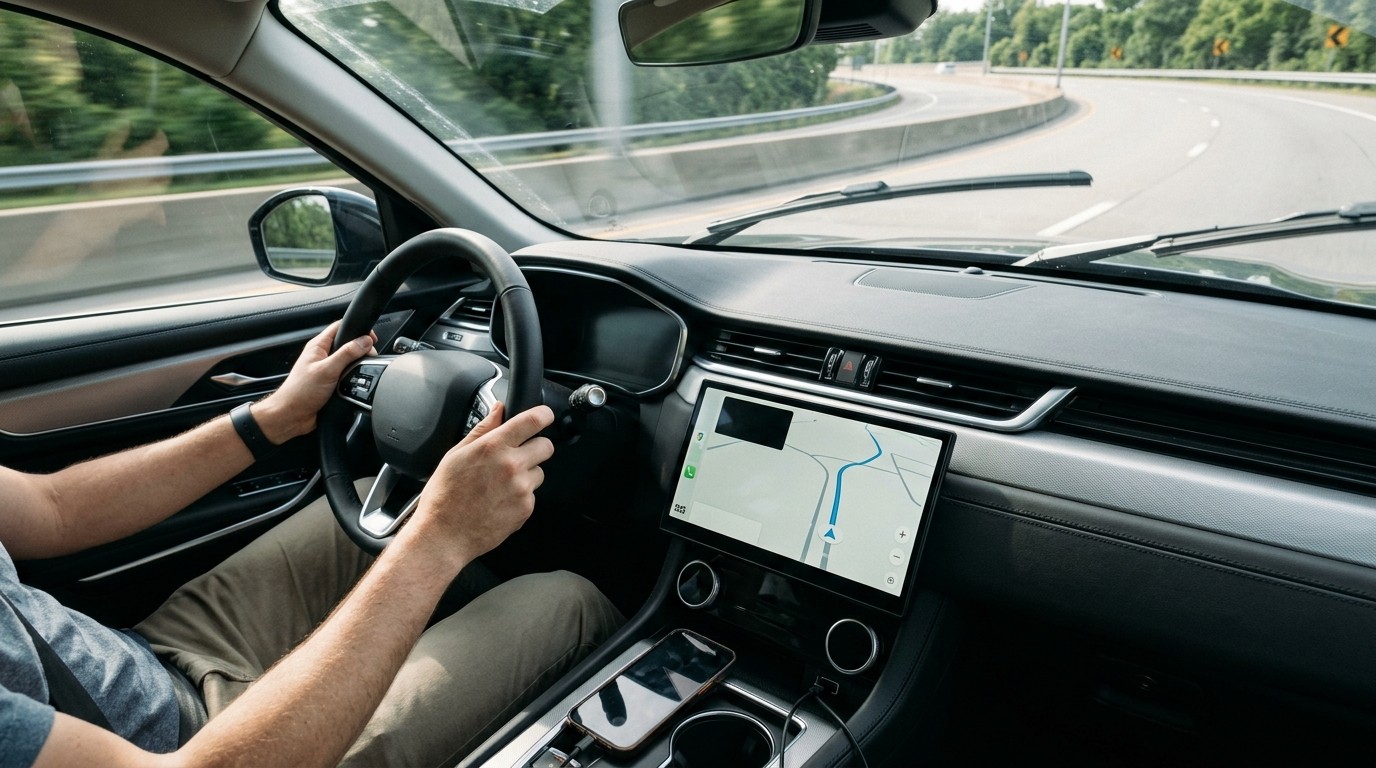 Driver using the infotainment screen during a test drive in a modern SUV cabin