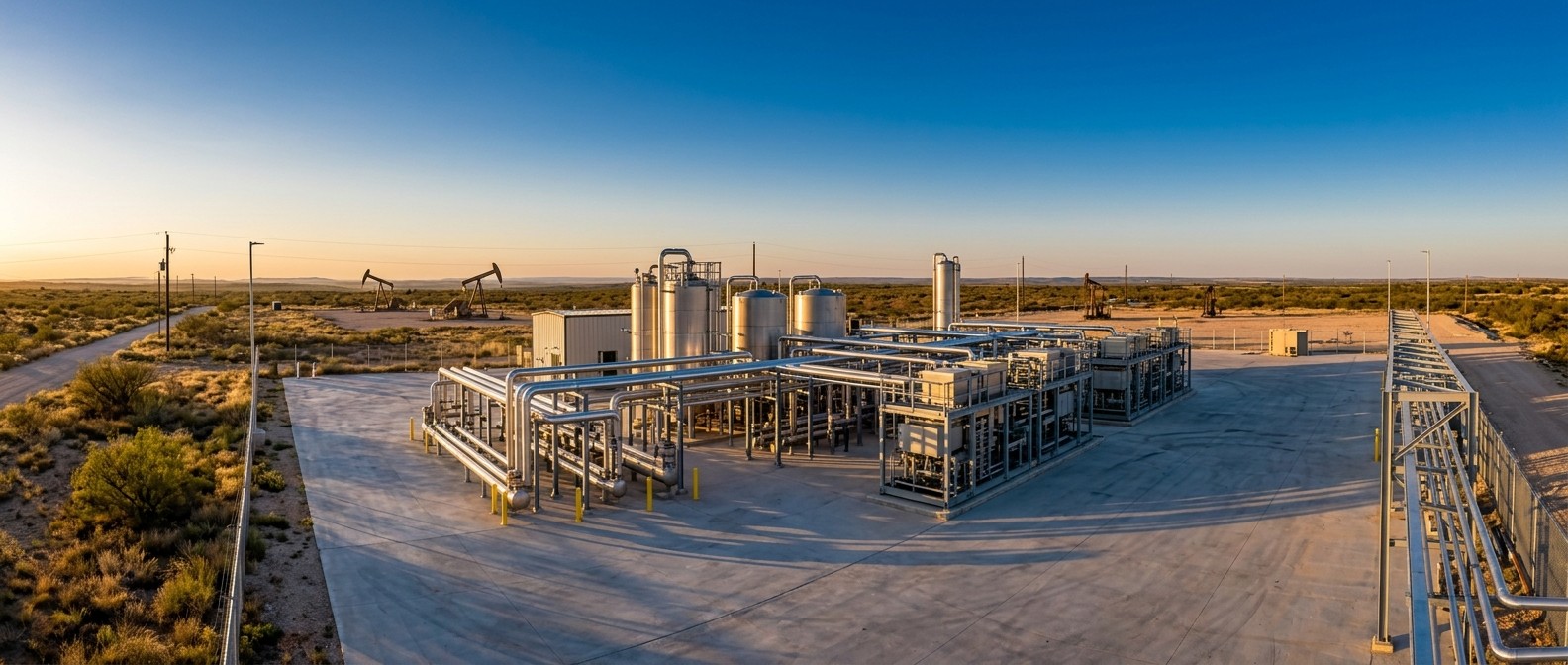A modern lithium extraction facility in the West Texas Permian Basin surrounded by processing tanks and dry scrubland at golden hour