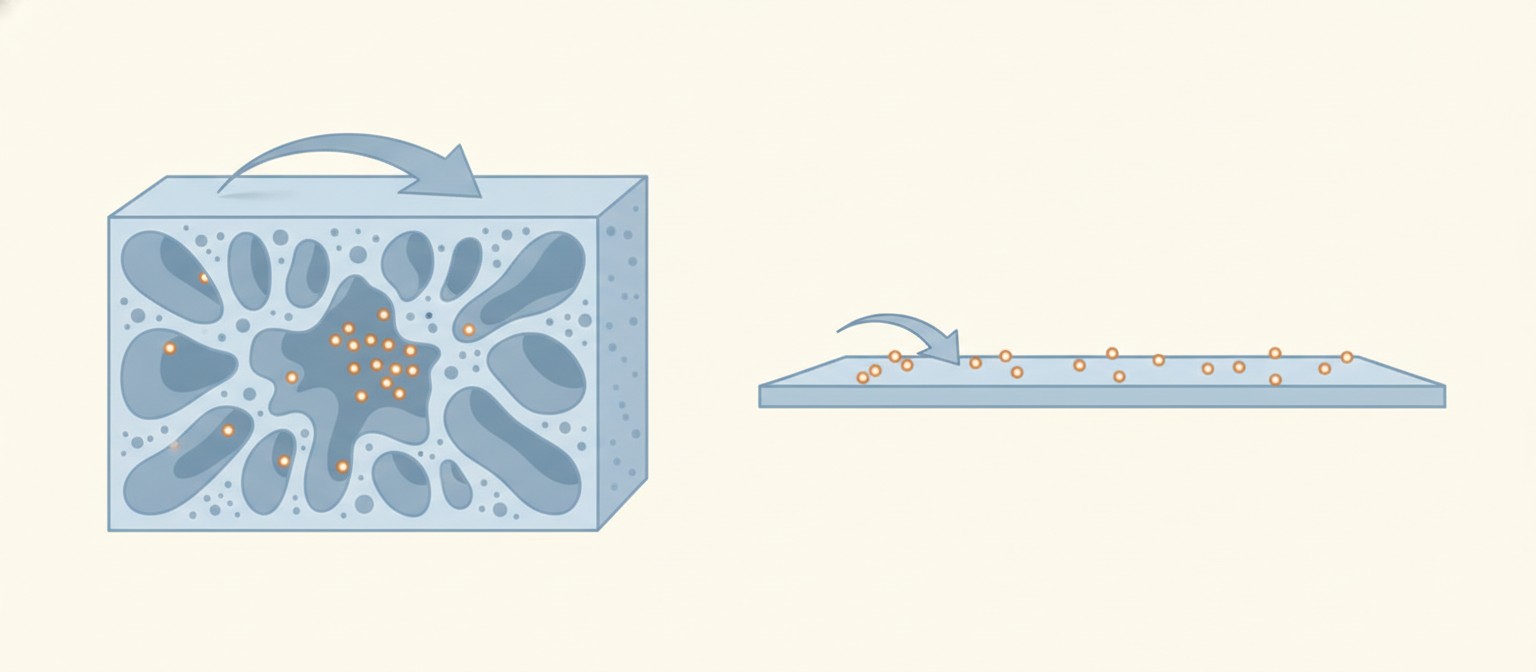 Diagram comparing deep porous carbon filter with ultra-thin amine surface coating binding CO2 at the surface