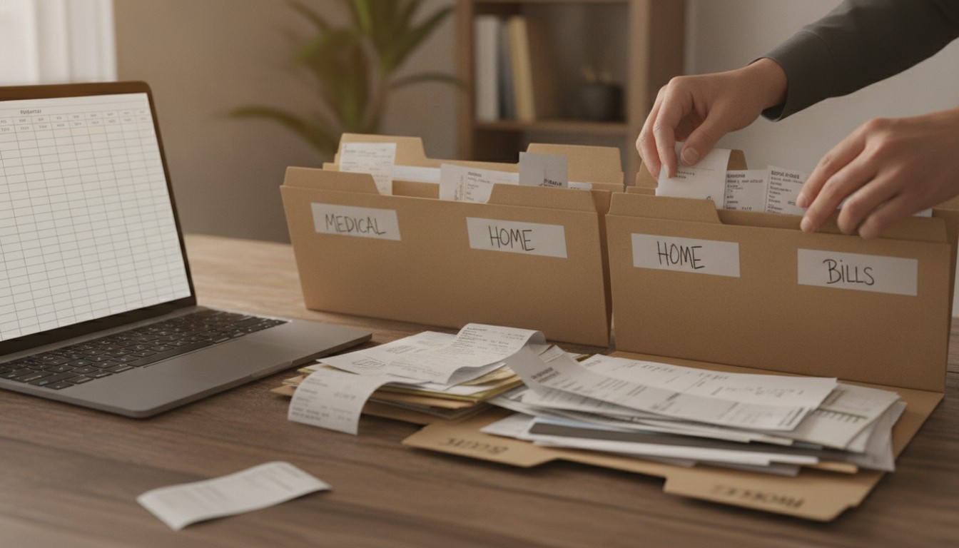 Hands organizing receipts and medical bills into folders beside a laptop to track injury-related expenses