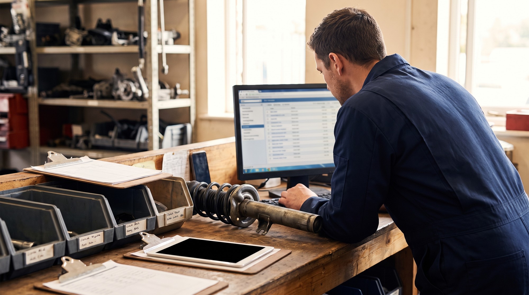 A technician at a workshop counter placing a trade order for automotive parts on a desktop computer.