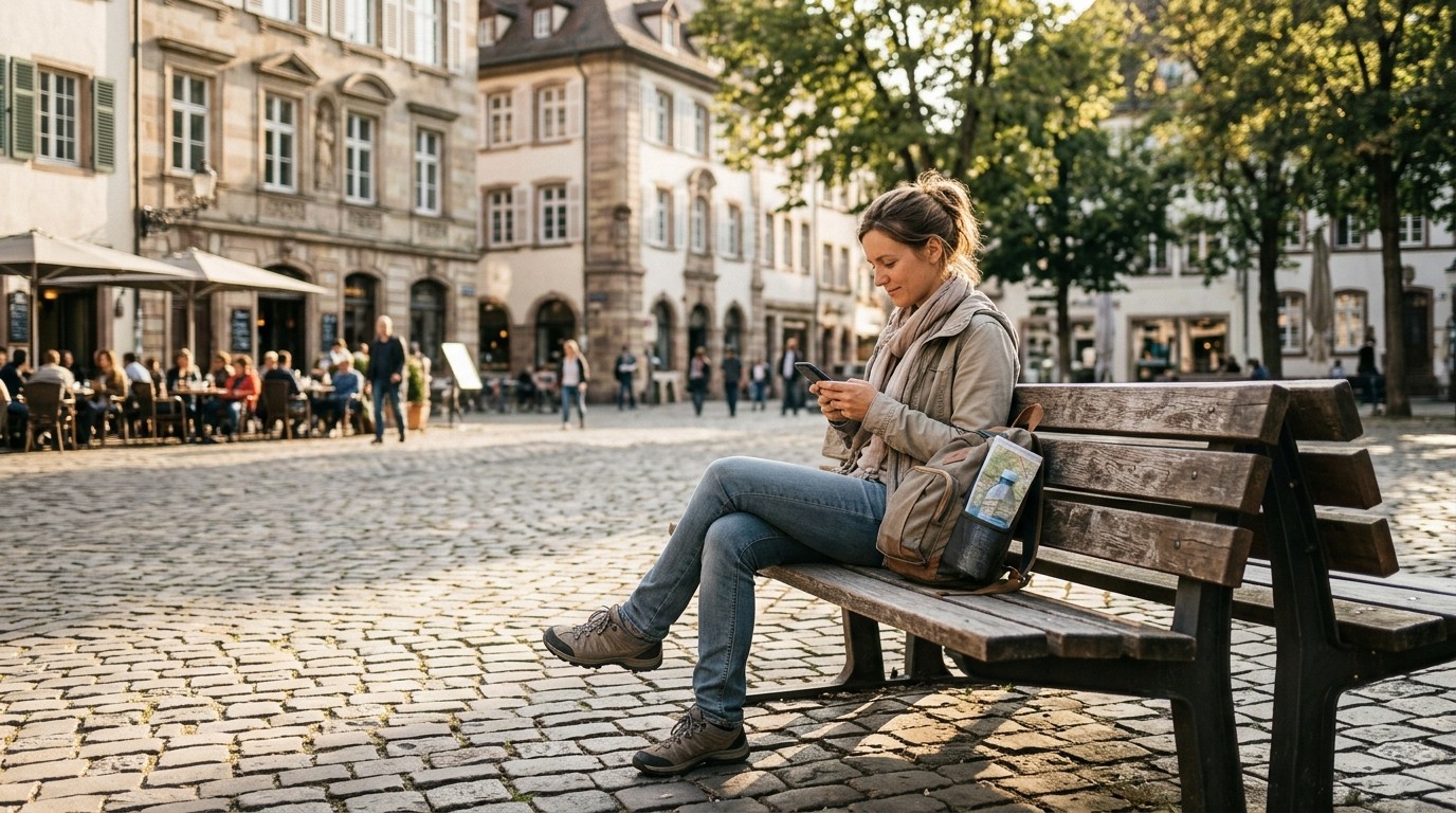 A traveler sitting on a bench in a sunny European city square, checking her phone beside a daypack