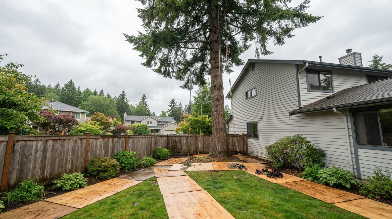 A mature evergreen tree standing beside a suburban house and wooden fence, with protective mats laid over the lawn and garden beds ahead of tree removal.