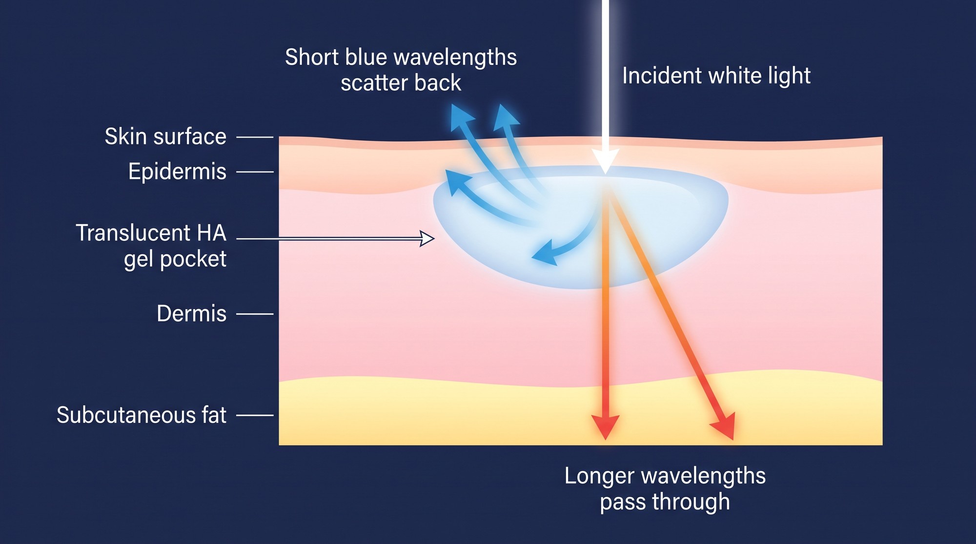 Cross-section diagram of thin skin above the tear trough showing a translucent hyaluronic acid gel pocket scattering short blue wavelengths back to the surface while longer red and orange wavelengths pass deeper