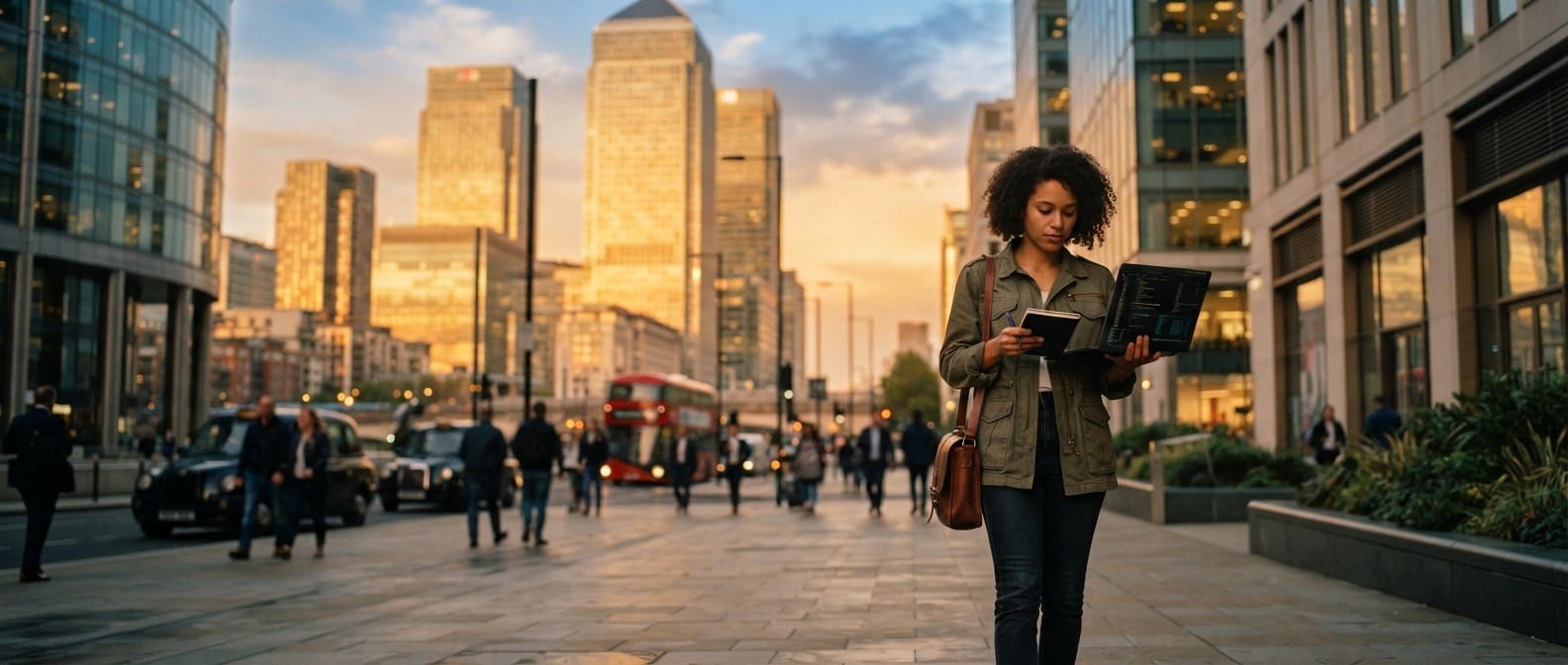 UK Company Numbers Hit Record Highs: What the 2026 Data Means for Entrepreneurs Entrepreneur walking through a London business district at sunrise