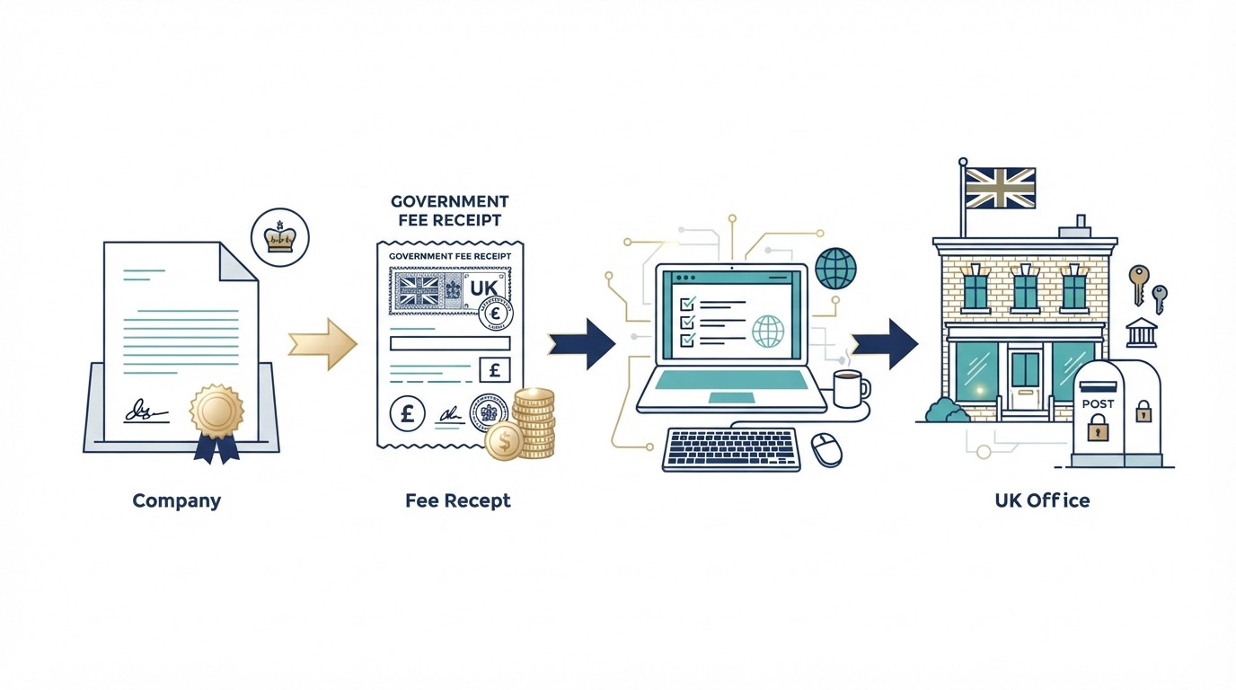 Illustration of documents, a laptop and a business address representing UK company registration