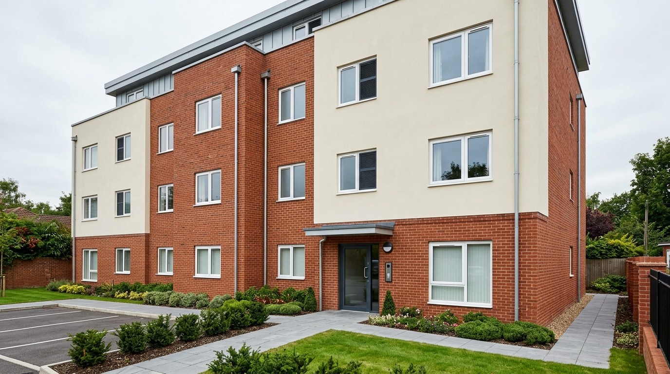 Exterior of a modern British residential apartment block with a well-kept communal entrance and landscaped frontage