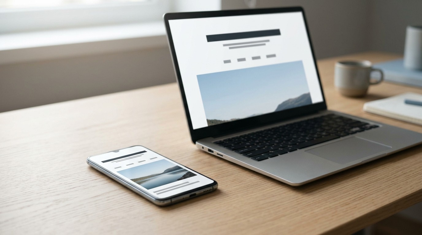 A phone and laptop side by side showing a clean, uncluttered website layout on both screens