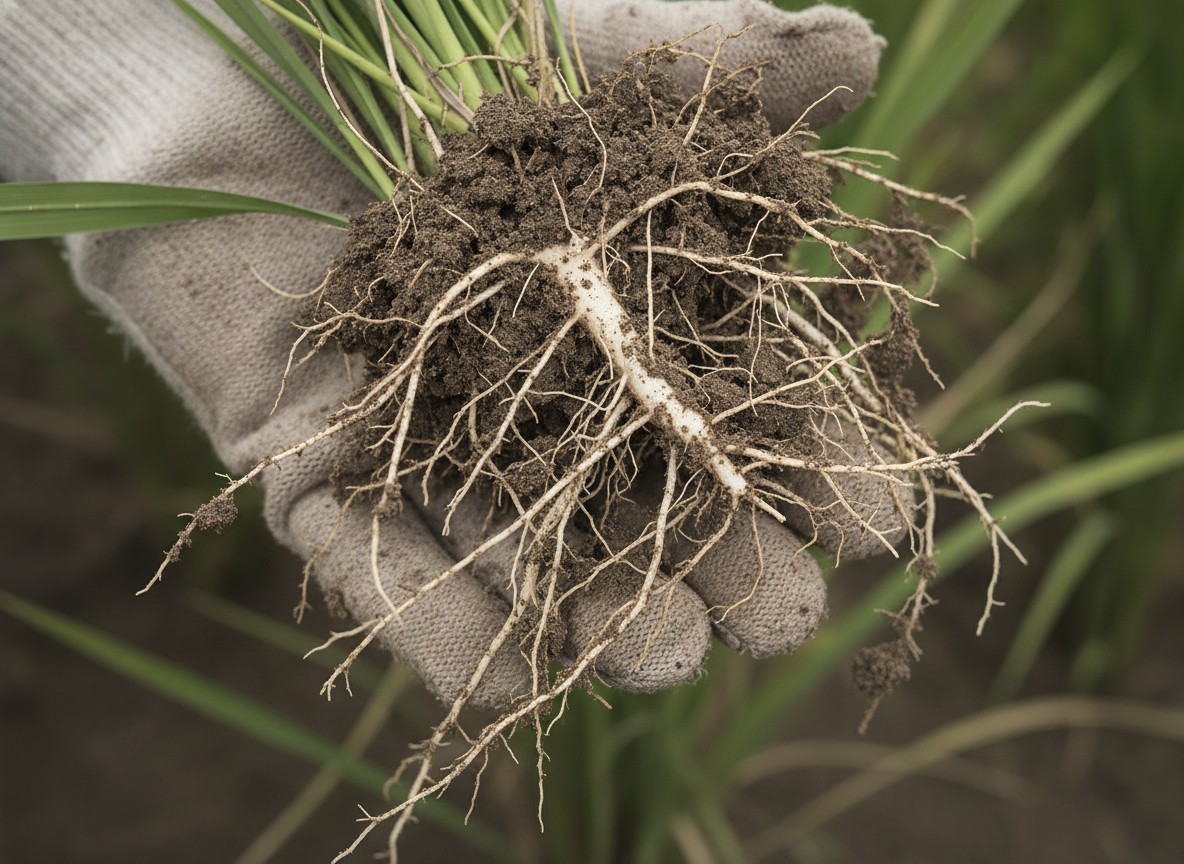 Close-up of a rice plant's roots in upland soil, where strigolactone is made