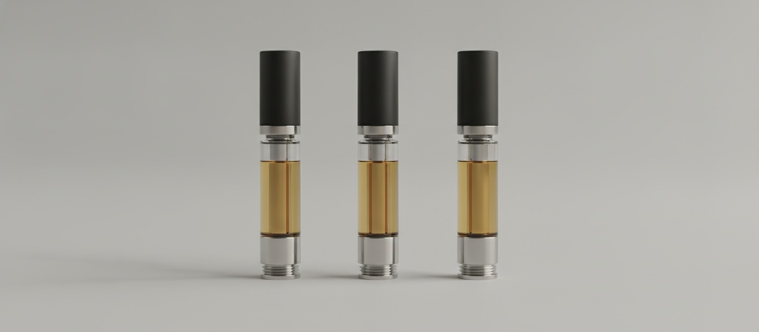 How to Judge a Half Bak’d Vape Cartridge: Hardware, Oil, and Everyday Use Three unbranded 510-thread vape cartridges standing upright with clear tanks of amber oil