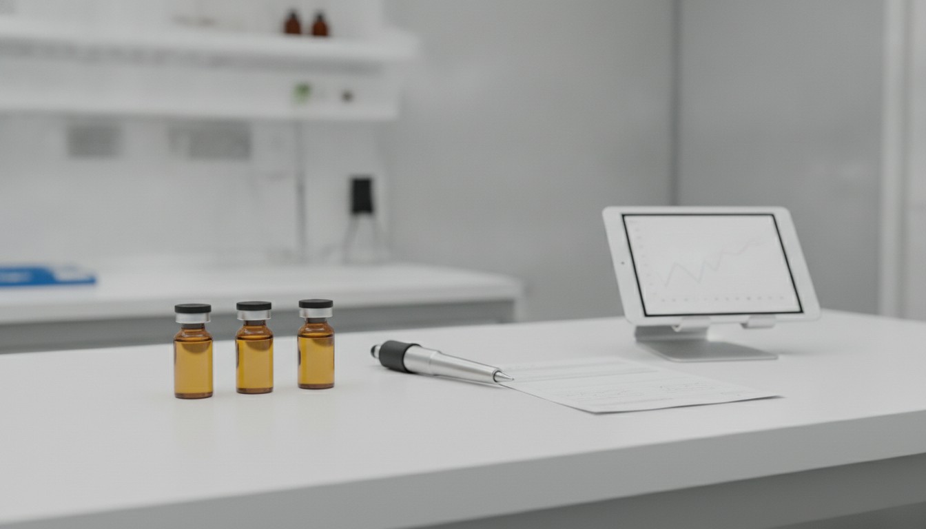 Laboratory bench with sealed oil sample vials and a printed test report for product testing