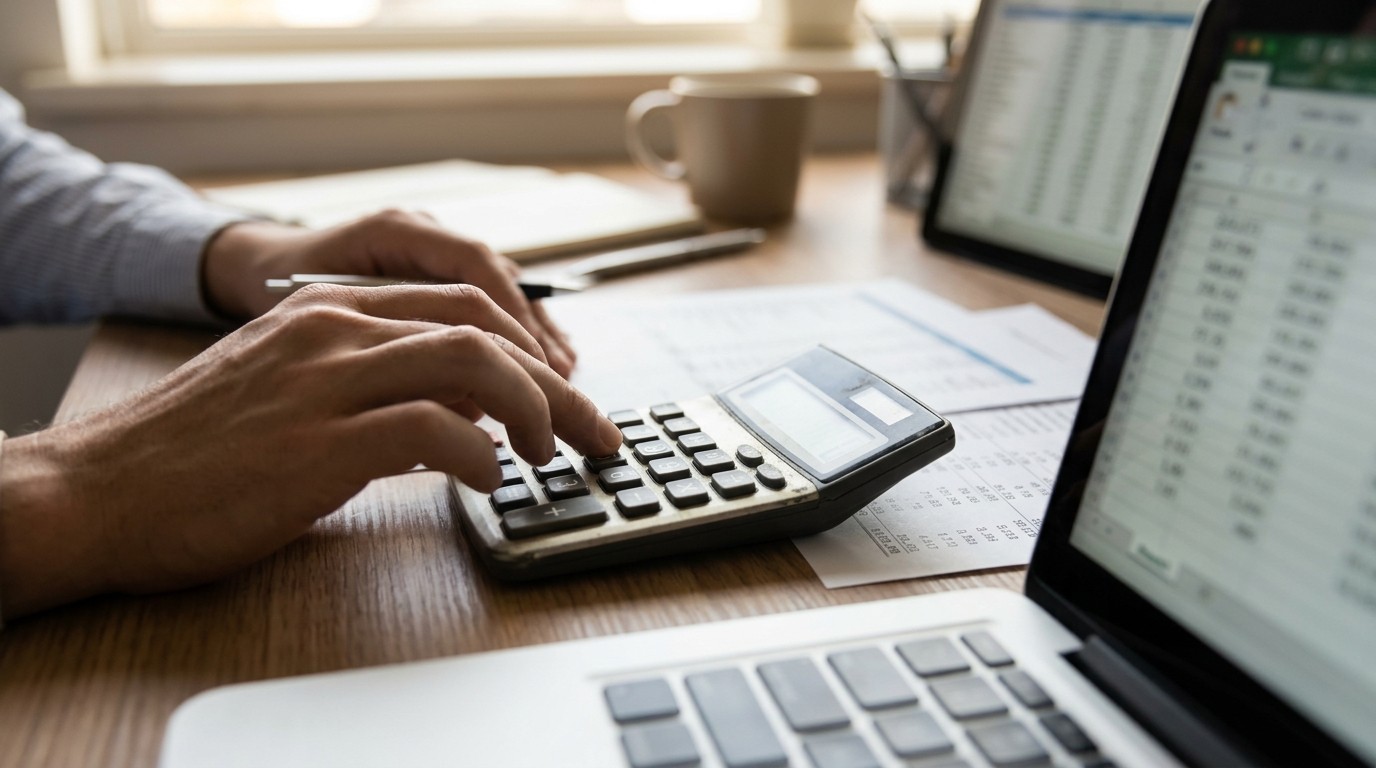 Close-up of hands using a desktop calculator beside printed benefit tables to verify a combined rating figure