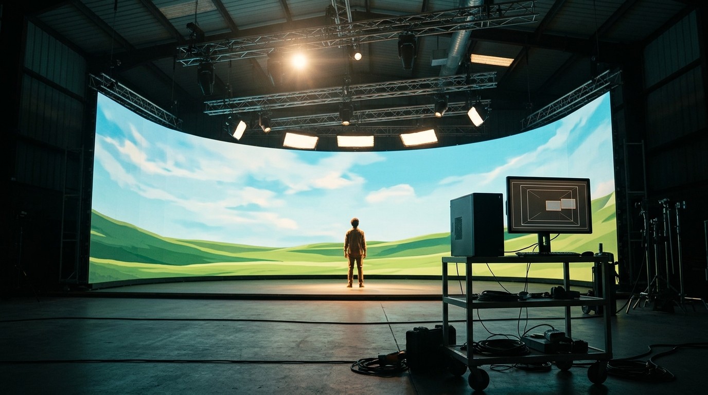 Conceptual illustration of a virtual production stage where an actor stands in front of an LED volume wall showing a generated landscape, with a small desktop computer running the world model