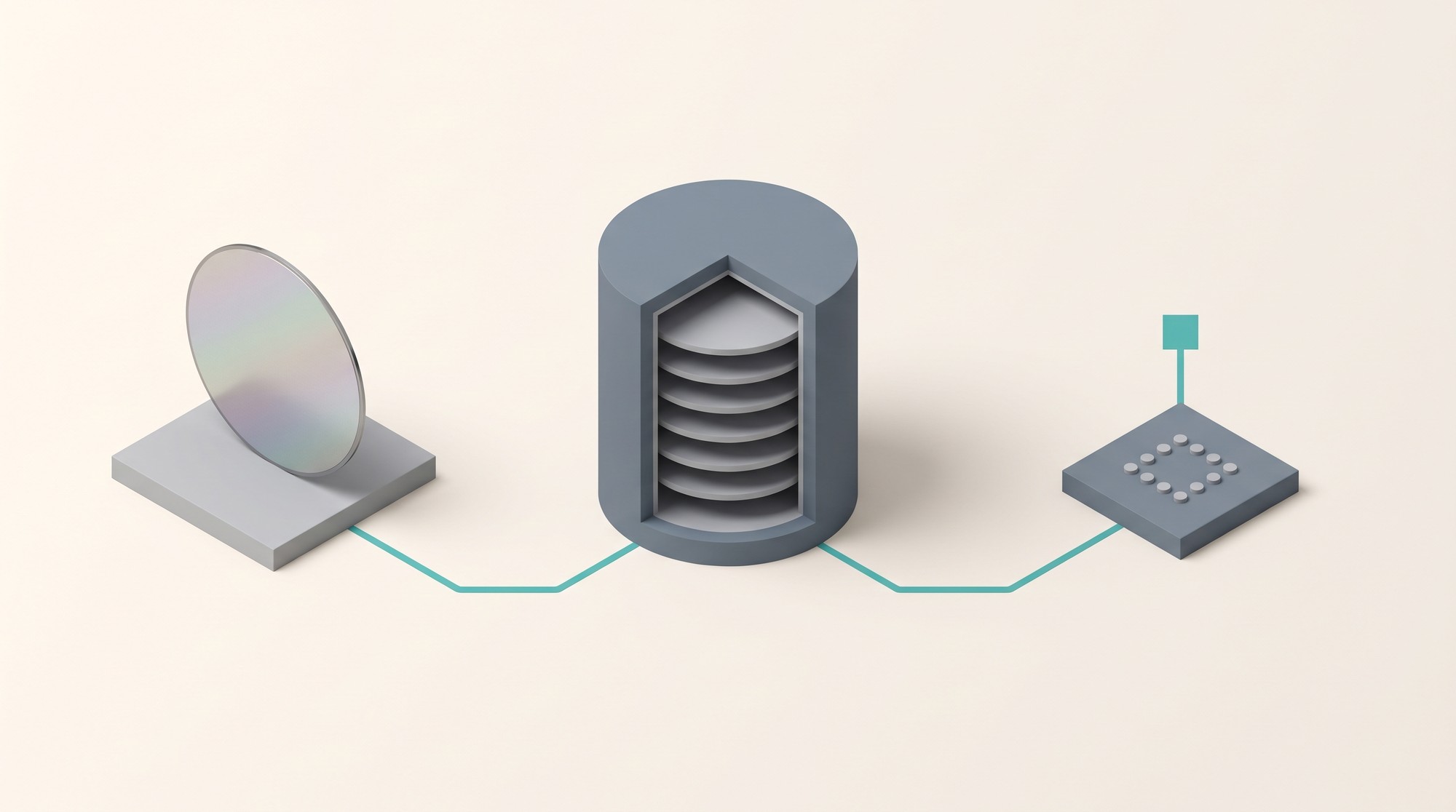Isometric 3D diagram showing three stages connected by one path: a silicon wafer, a cryostat, and a small module with a single control line serving ten qubits