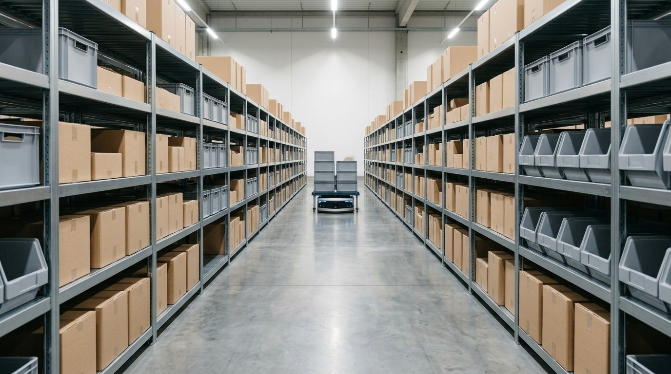 Rows of order-picking shelving in a warehouse where mobile robots move totes