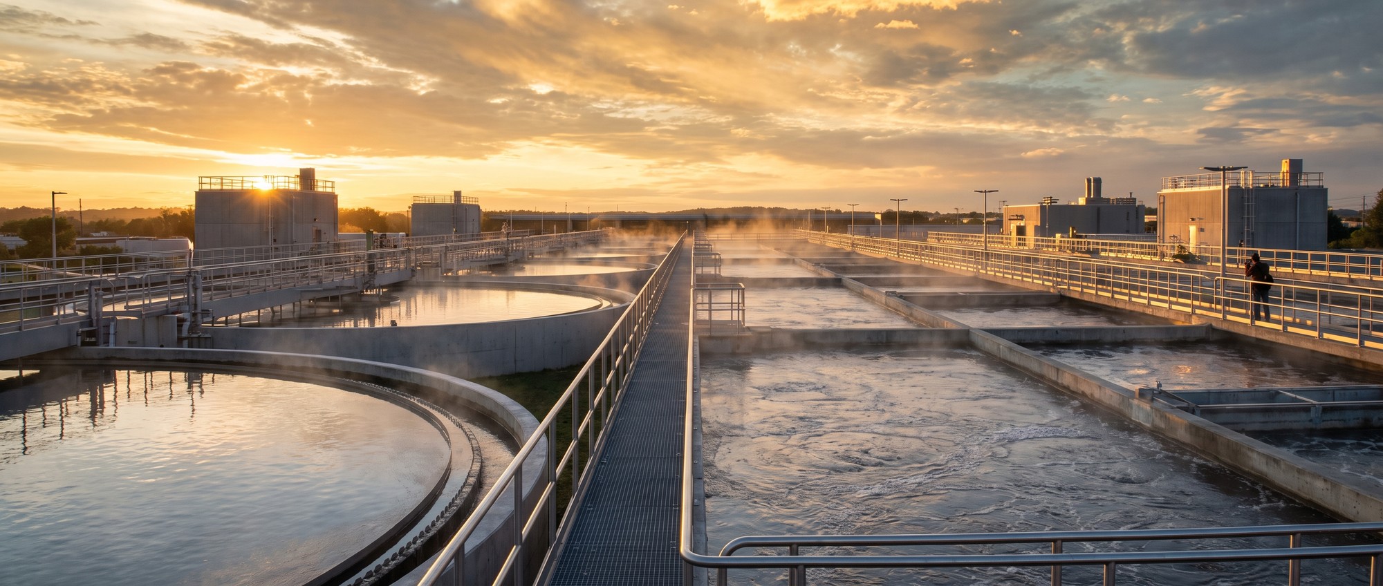 Microbial Fuel Cells: Bacteria Cleans Wastewater and Generates Electricity Aerial view of a modern wastewater treatment plant with circular clarifier tanks and aeration basins at golden hour