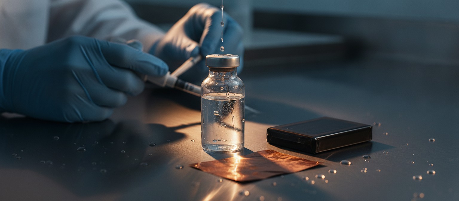 This Water-Based Glue Could Make Battery Recycling Cheaper Clear water-based polymer binder solution in a glass vial beside a lithium-ion battery cell in a research lab